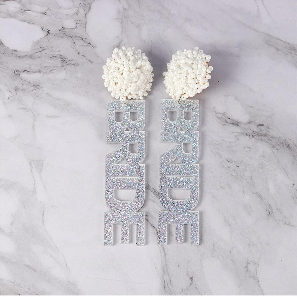 Bride Earrings- Beaded Acrylic BRIDE Letter Dangle Earring